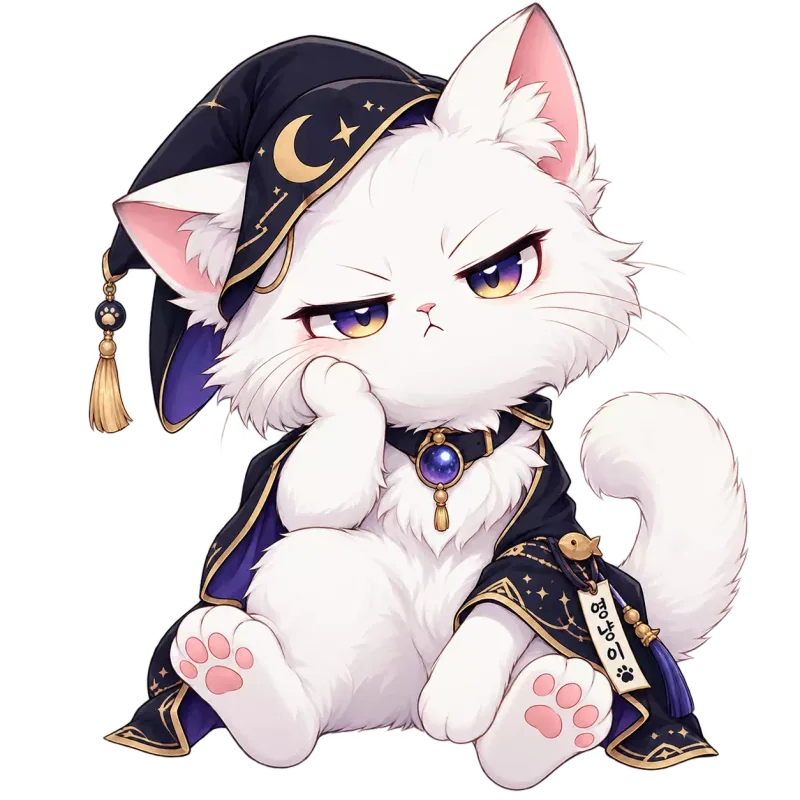 사주보는 고양이 영냥이, 보랏빛 모자를 쓰고 턱을 괸 모습