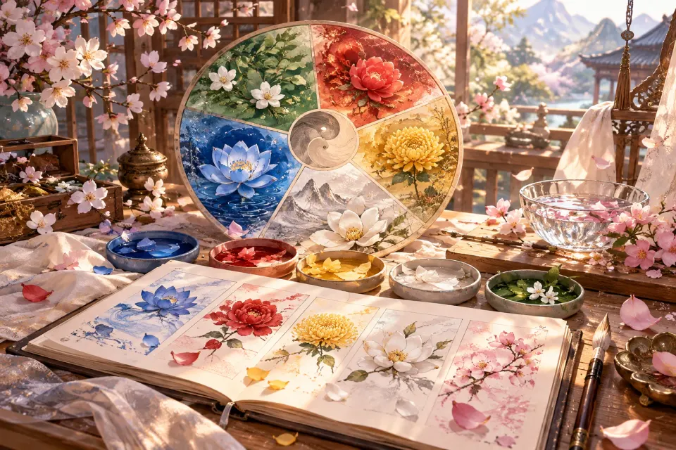 운명의 꽃 아틀리에의 핵심 도구와 이용 장면을 담은 일러스트