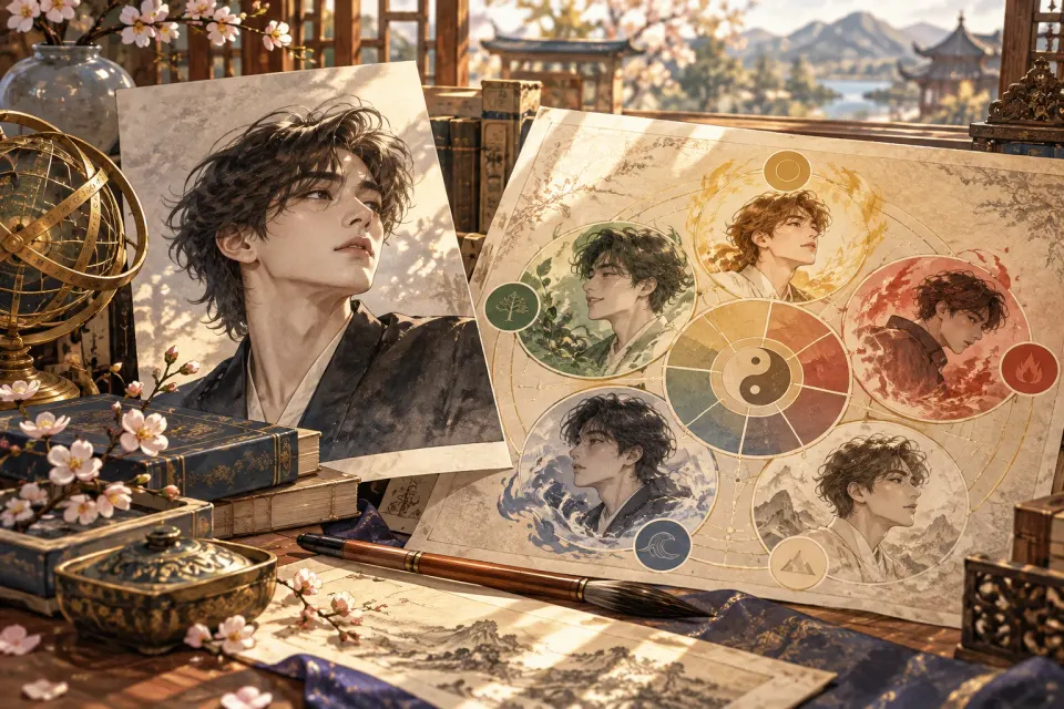 유명인 사주의 핵심 도구와 이용 장면을 담은 일러스트