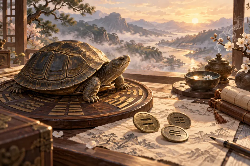 주역 거북점의 핵심 도구와 이용 장면을 담은 일러스트