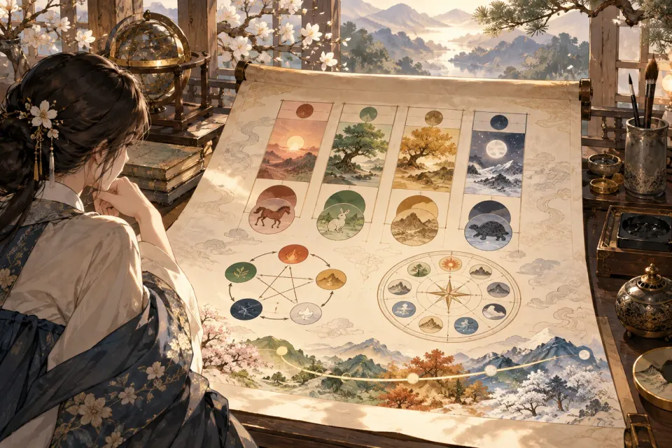 만세력의 핵심 도구와 이용 장면을 담은 일러스트