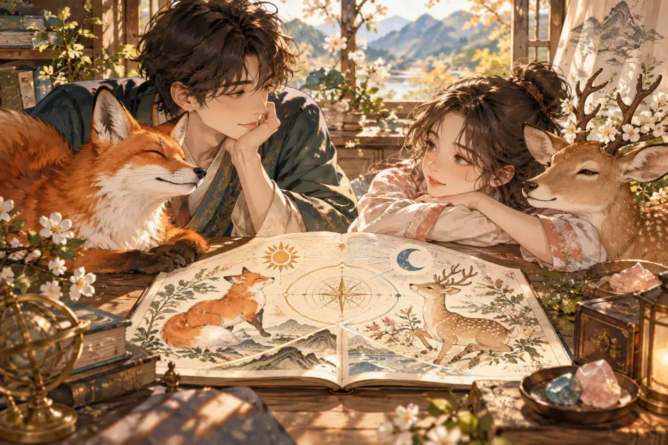 MBTI 동물 궁합의 핵심 도구와 이용 장면을 담은 일러스트